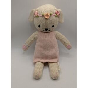 Cuddle + Kind Mia the Dog Hand Knit Plush Doll Pink Dress Floral Crown Cream 13"